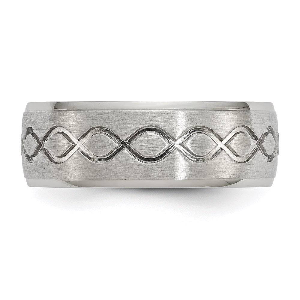 Unisex Fashion Jewelry, Chisel Brand Stainless Steel Scroll Design Brushed & Polished 8mm Ridged Edge Ring Band