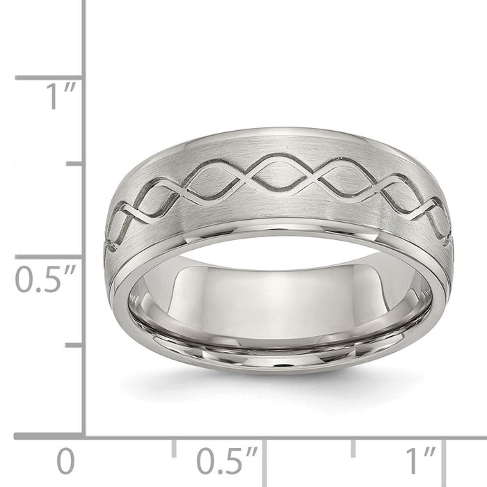 Unisex Fashion Jewelry, Chisel Brand Stainless Steel Scroll Design Brushed & Polished 8mm Ridged Edge Ring Band