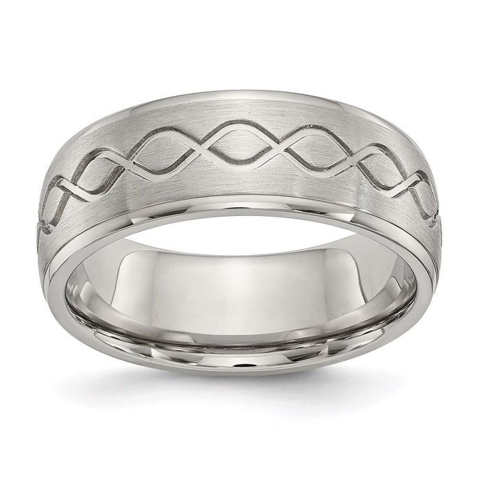 Unisex Fashion Jewelry, Chisel Brand Stainless Steel Scroll Design Brushed & Polished 8mm Ridged Edge Ring Band