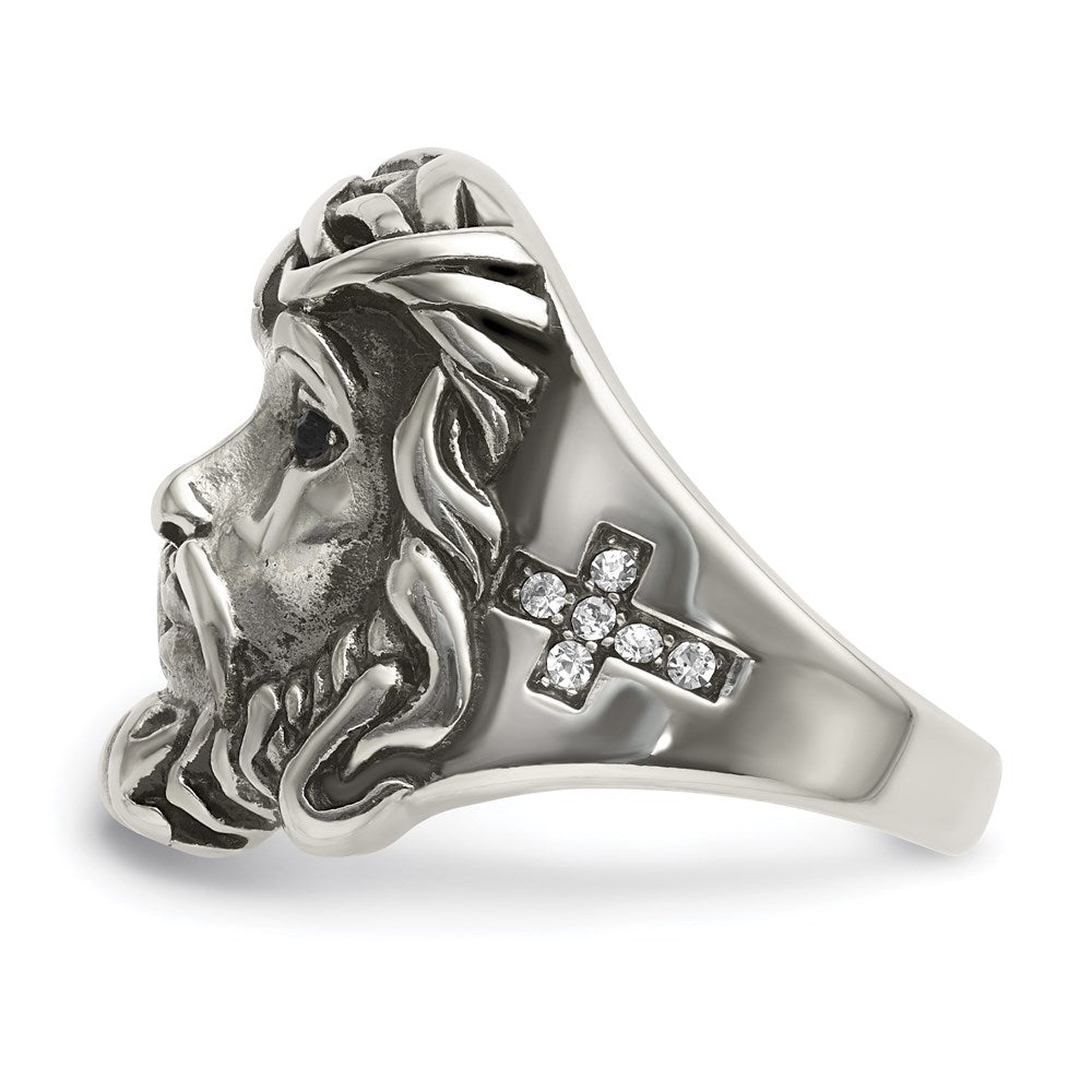 Men's Fashion Jewelry, Chisel Brand Stainless Steel Antiqued and Polished w/Black & White Crystal Jesus Ring