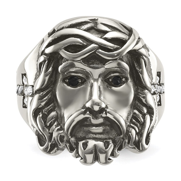 Men's Fashion Jewelry, Chisel Brand Stainless Steel Antiqued and Polished w/Black & White Crystal Jesus Ring