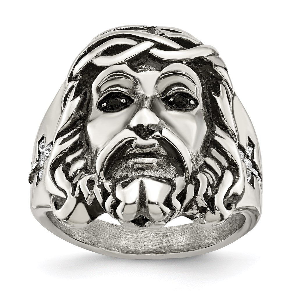 Men's Fashion Jewelry, Chisel Brand Stainless Steel Antiqued and Polished w/Black & White Crystal Jesus Ring