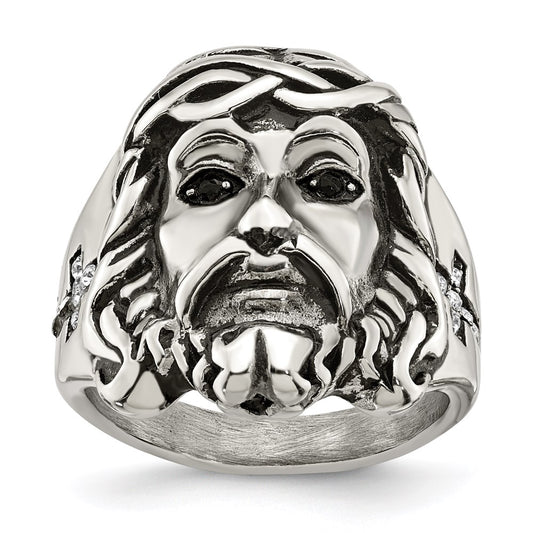 Men's Fashion Jewelry, Chisel Brand Stainless Steel Antiqued and Polished w/Black & White Crystal Jesus Ring