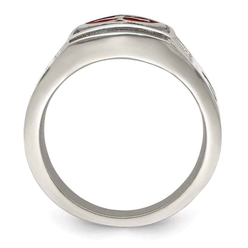 Men's Fashion Jewelry, Chisel Brand Stainless Steel Antiqued and Polished w/Red Enamel Cross/Shield Ring