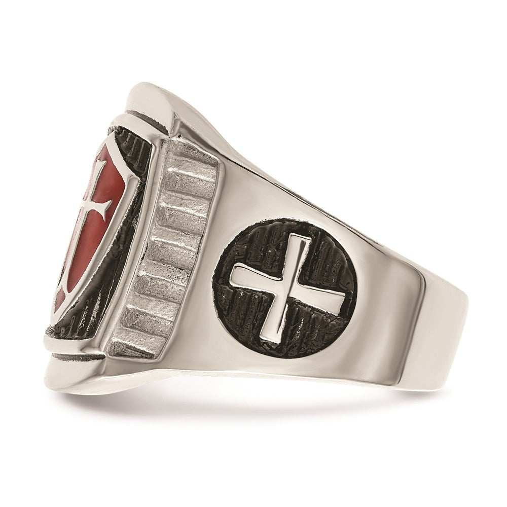 Men's Fashion Jewelry, Chisel Brand Stainless Steel Antiqued and Polished w/Red Enamel Cross/Shield Ring