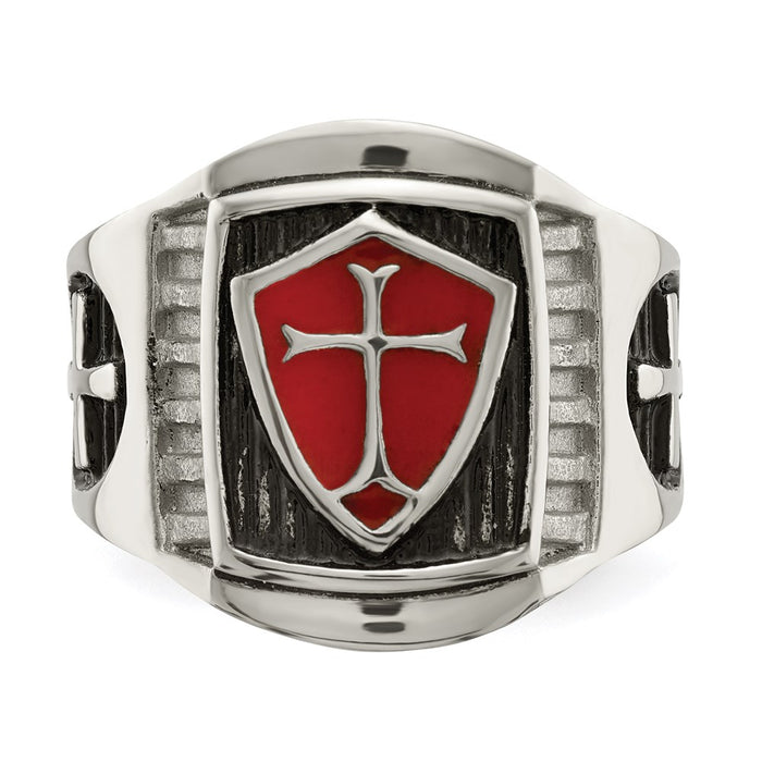 Men's Fashion Jewelry, Chisel Brand Stainless Steel Antiqued and Polished w/Red Enamel Cross/Shield Ring