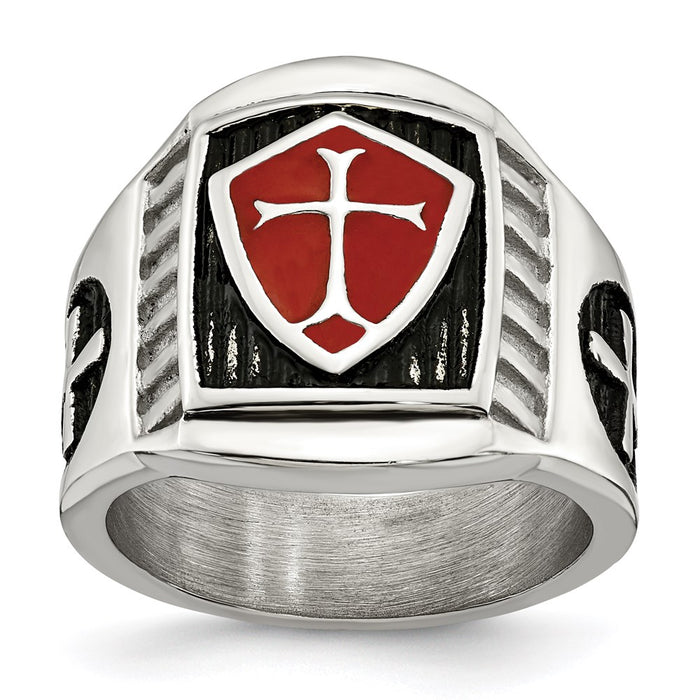 Men's Fashion Jewelry, Chisel Brand Stainless Steel Antiqued and Polished w/Red Enamel Cross/Shield Ring