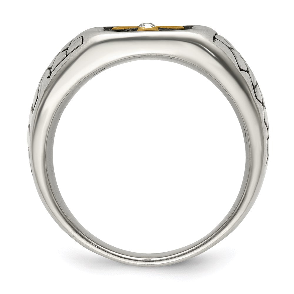 Men's Fashion Jewelry, Chisel Brand Stainless Steel Antiqued & Polished Yellow IP-plated w/Crystal Cross Ring