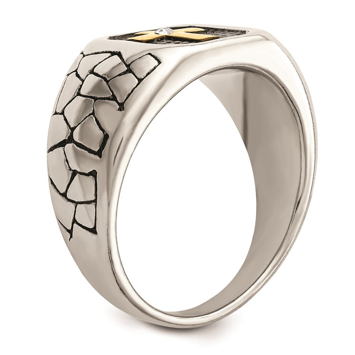 Men's Fashion Jewelry, Chisel Brand Stainless Steel Antiqued & Polished Yellow IP-plated w/Crystal Cross Ring