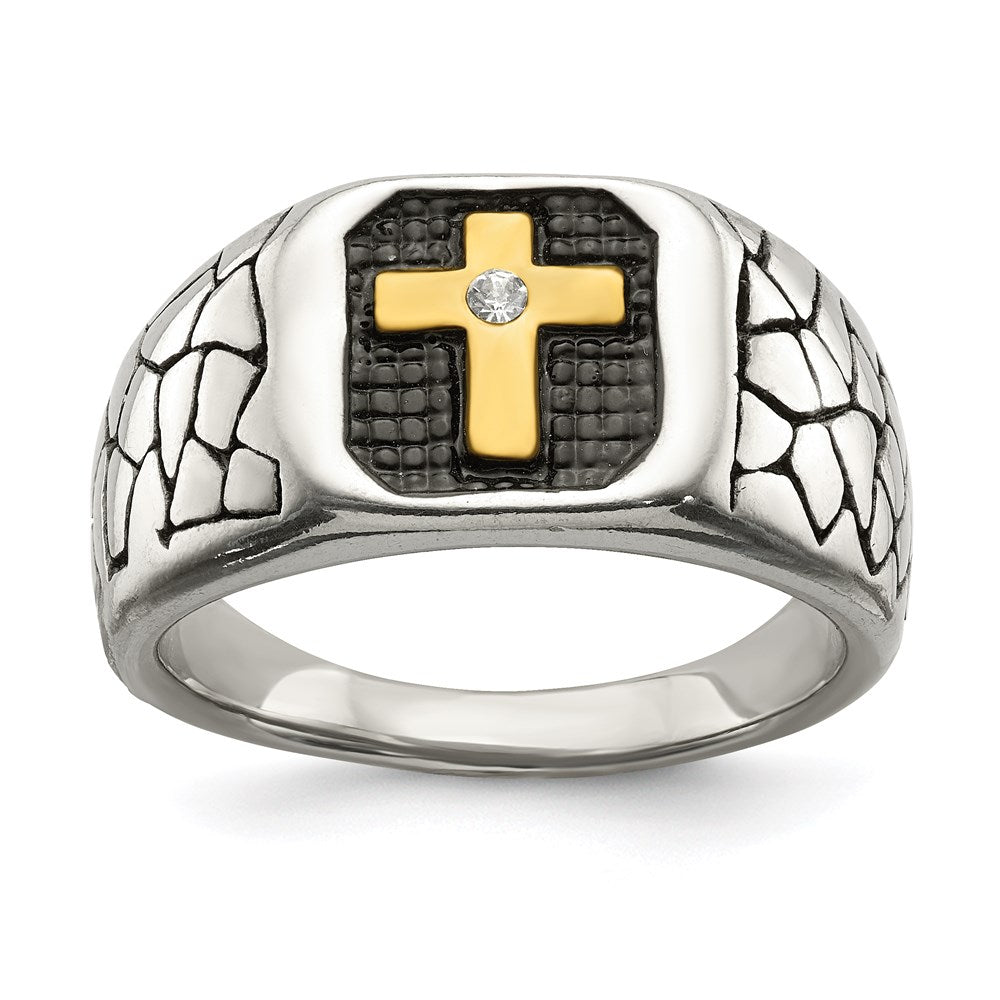 Men's Fashion Jewelry, Chisel Brand Stainless Steel Antiqued & Polished Yellow IP-plated w/Crystal Cross Ring