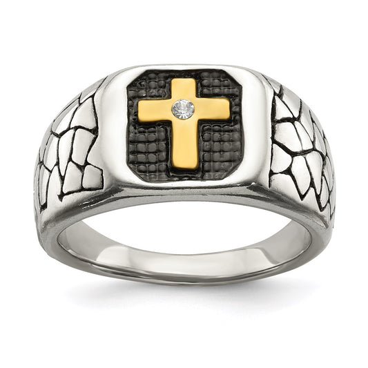 Men's Fashion Jewelry, Chisel Brand Stainless Steel Antiqued & Polished Yellow IP-plated w/Crystal Cross Ring