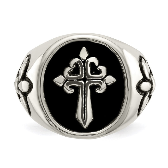 Men's Fashion Jewelry, Chisel Brand Stainless Steel Antiqued and Polished Fleur de Lis Cross Ring