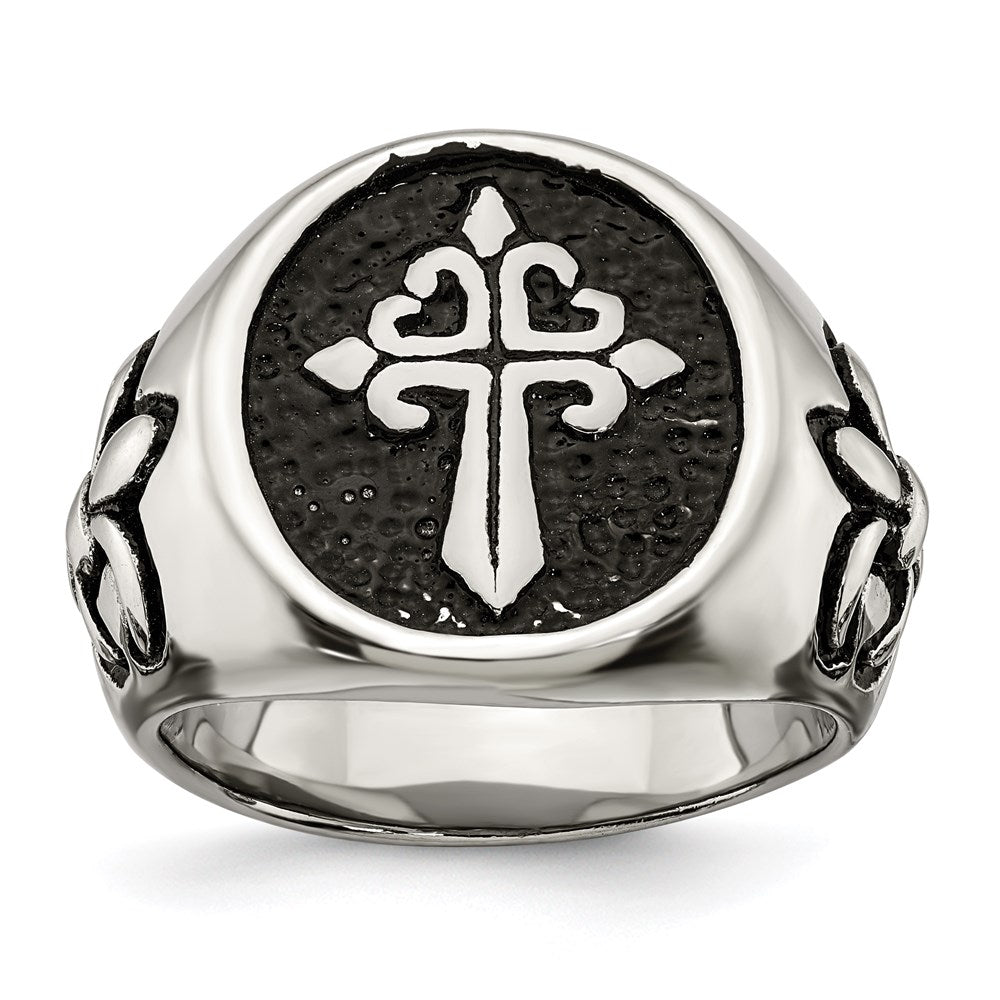 Men's Fashion Jewelry, Chisel Brand Stainless Steel Antiqued and Polished Fleur de Lis Cross Ring