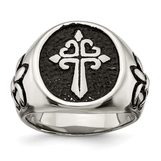 Men's Fashion Jewelry, Chisel Brand Stainless Steel Antiqued and Polished Fleur de Lis Cross Ring