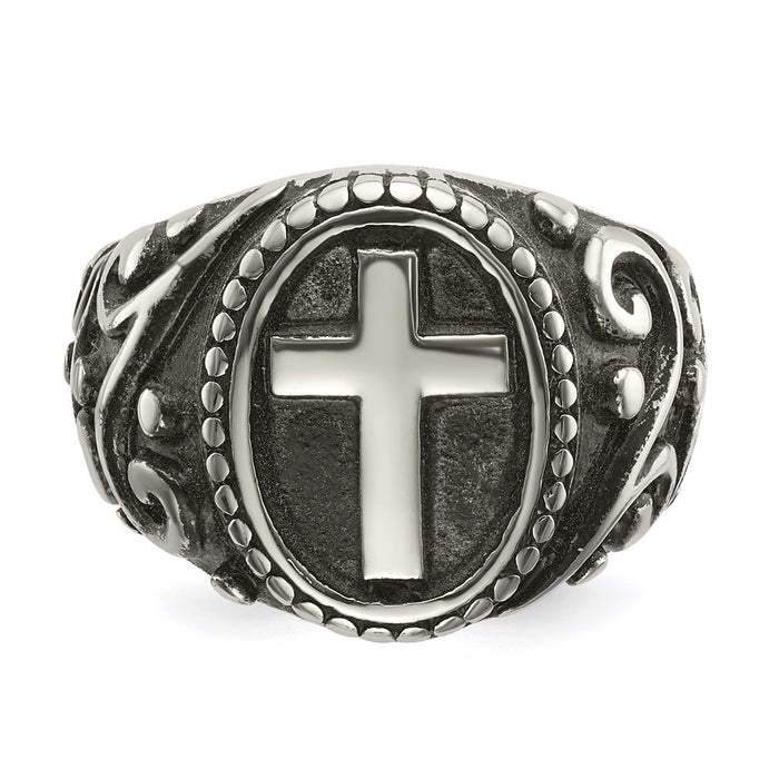 Men's Fashion Jewelry, Chisel Brand Stainless Steel Antiqued and Polished Cross Ring