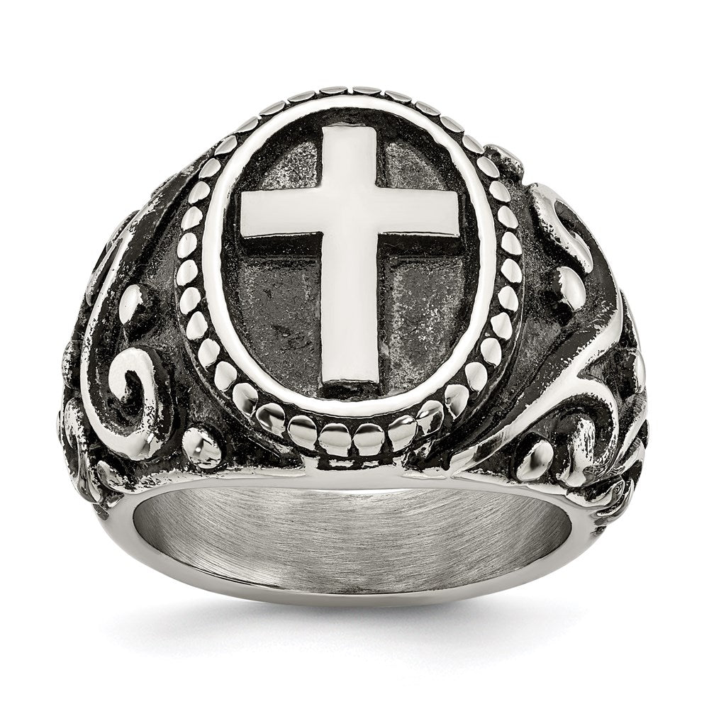 Men's Fashion Jewelry, Chisel Brand Stainless Steel Antiqued and Polished Cross Ring