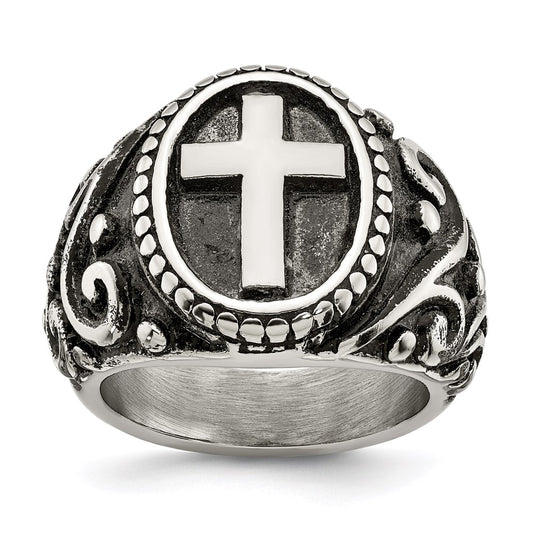 Men's Fashion Jewelry, Chisel Brand Stainless Steel Antiqued and Polished Cross Ring