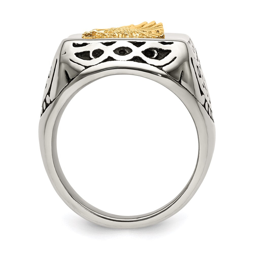 Men's Fashion Jewelry, Chisel Brand Stainless Steel w/14k Accent Antiqued and Polished Eagle Ring