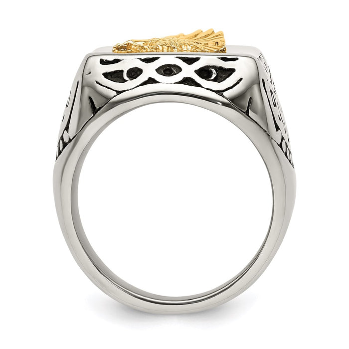 Men's Fashion Jewelry, Chisel Brand Stainless Steel w/14k Accent Antiqued and Polished Eagle Ring