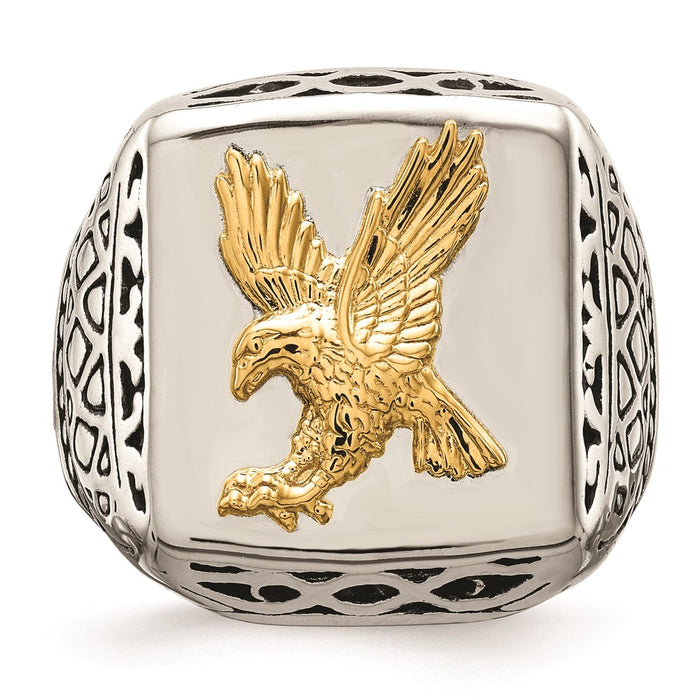 Men's Fashion Jewelry, Chisel Brand Stainless Steel w/14k Accent Antiqued and Polished Eagle Ring