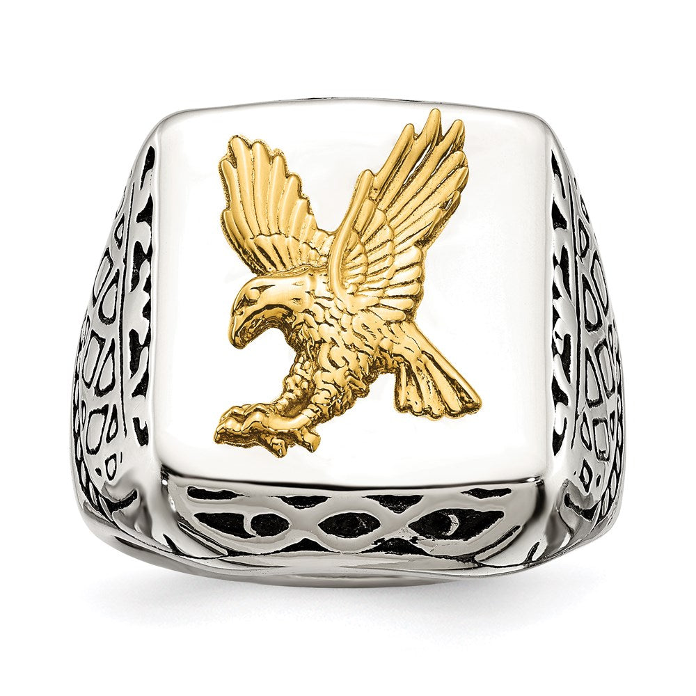 Men's Fashion Jewelry, Chisel Brand Stainless Steel w/14k Accent Antiqued and Polished Eagle Ring