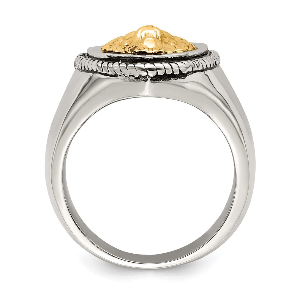 Men's Fashion Jewelry, Chisel Brand Stainless Steel w/14k Accent Antiqued & Polished Lion on Shield Ring