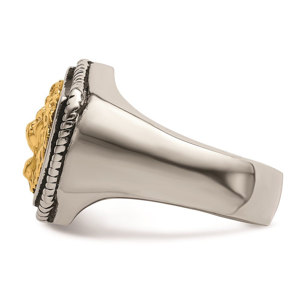 Men's Fashion Jewelry, Chisel Brand Stainless Steel w/14k Accent Antiqued & Polished Lion on Shield Ring