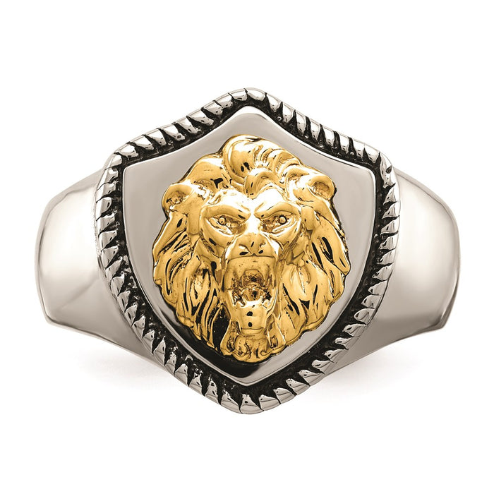 Men's Fashion Jewelry, Chisel Brand Stainless Steel w/14k Accent Antiqued & Polished Lion on Shield Ring