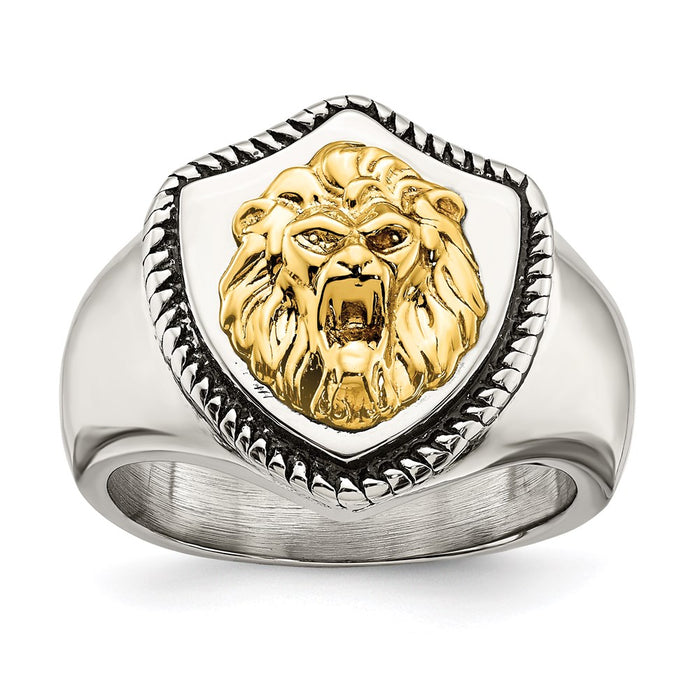 Men's Fashion Jewelry, Chisel Brand Stainless Steel w/14k Accent Antiqued & Polished Lion on Shield Ring