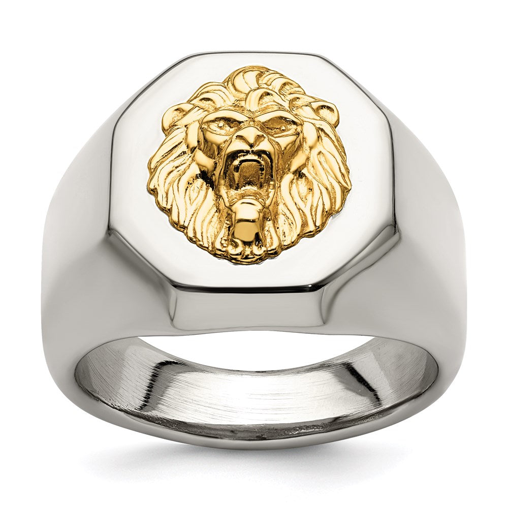 Men's Fashion Jewelry, Chisel Brand Stainless Steel w/14k Accent Polished Lion Head Ring
