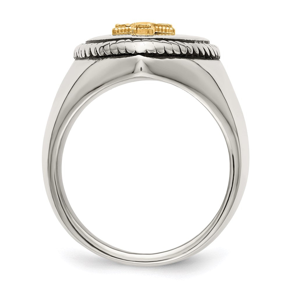 Men's Fashion Jewelry, Chisel Brand Stainless Steel w/14k Accent Antiqued & Polished Cross on Shield Ring