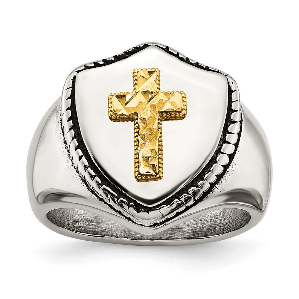 Men's Fashion Jewelry, Chisel Brand Stainless Steel w/14k Accent Antiqued & Polished Cross on Shield Ring