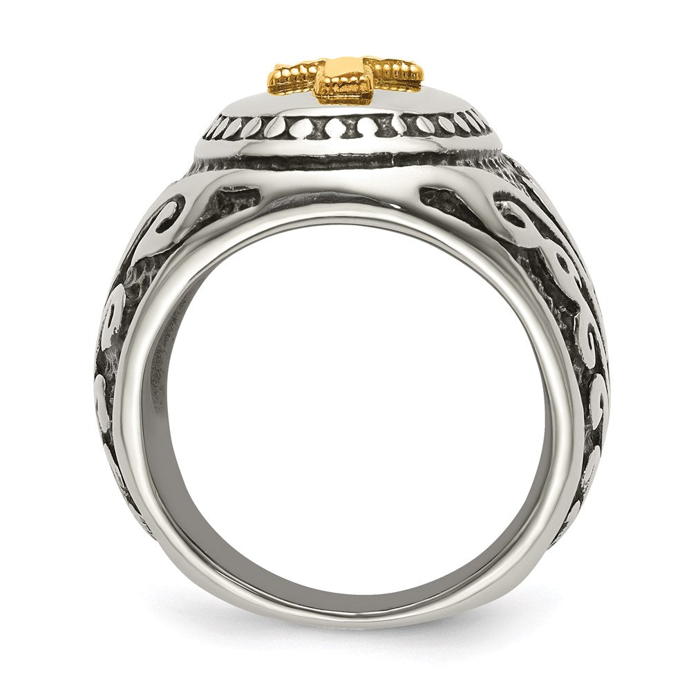 Men's Fashion Jewelry, Chisel Brand Stainless Steel w/14k Accent Antiqued and Polished Cross Ring