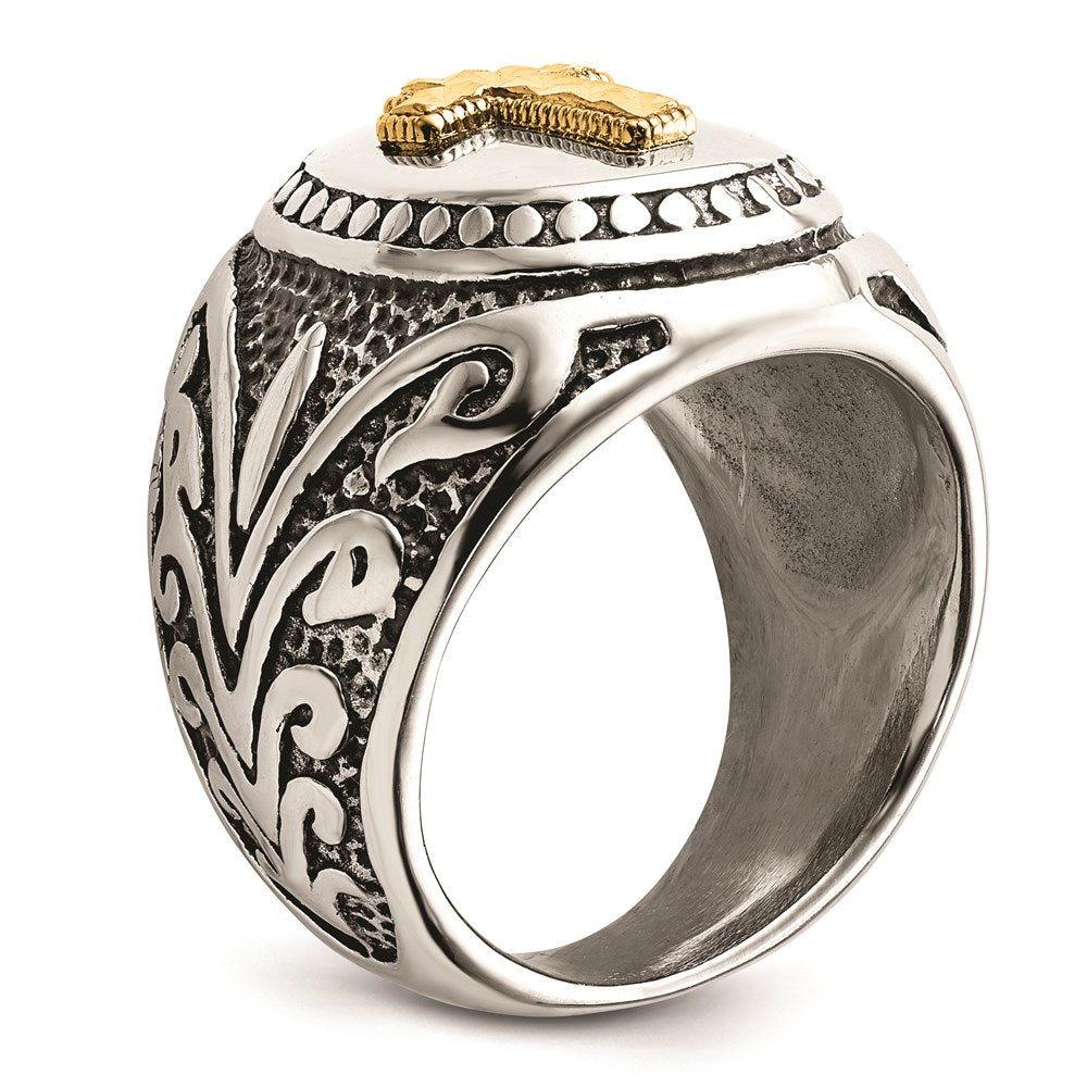 Men's Fashion Jewelry, Chisel Brand Stainless Steel w/14k Accent Antiqued and Polished Cross Ring