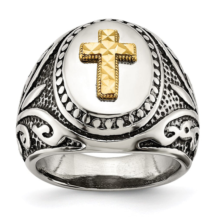Men's Fashion Jewelry, Chisel Brand Stainless Steel w/14k Accent Antiqued and Polished Cross Ring