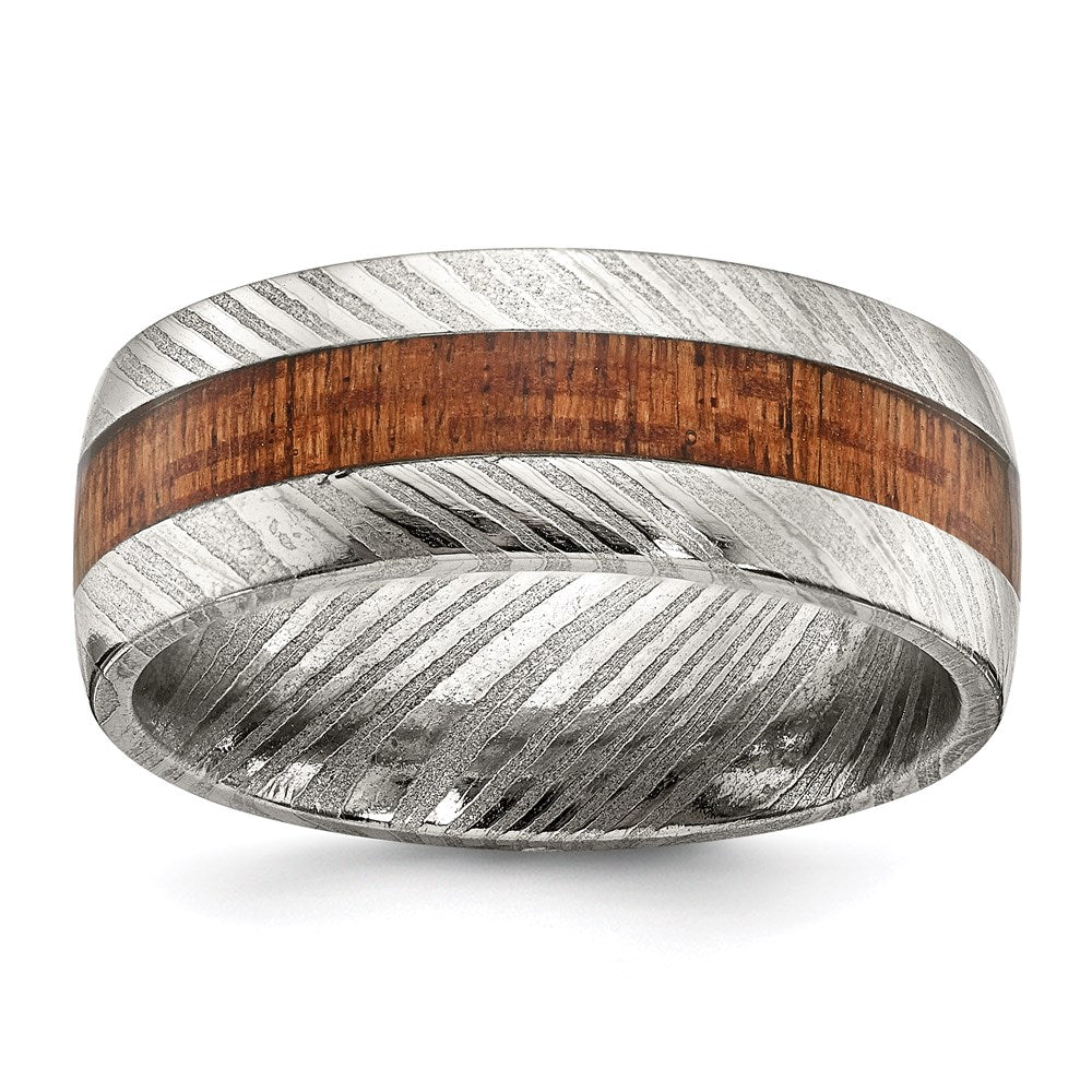 Men's Fashion Jewelry, Chisel Brand Damascus Steel Polished with Wood Inlay 8mm Ring Band