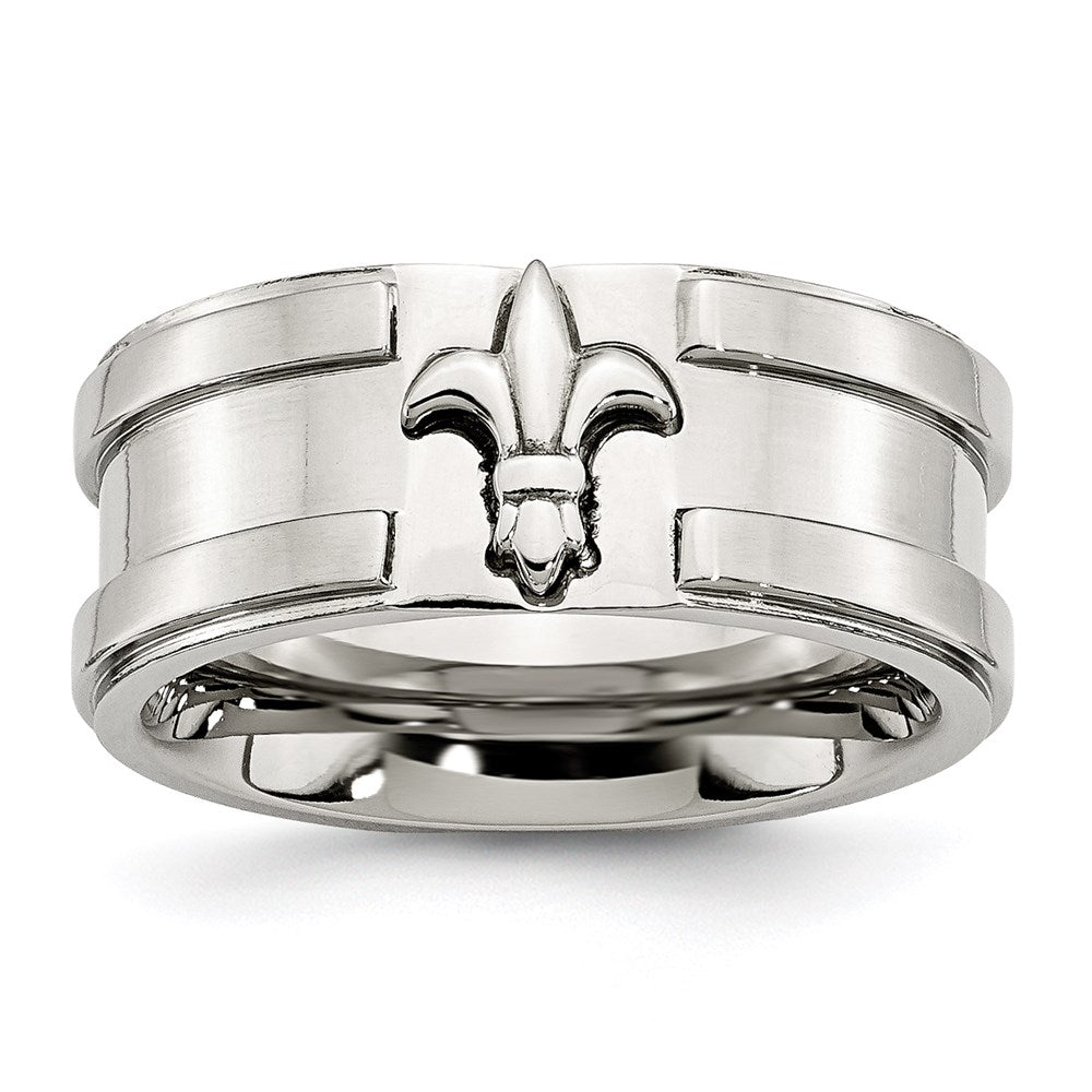 Men's Fashion Jewelry, Chisel Brand Stainless Steel Fleur de lis 10mm Brushed & Polished Ring Band