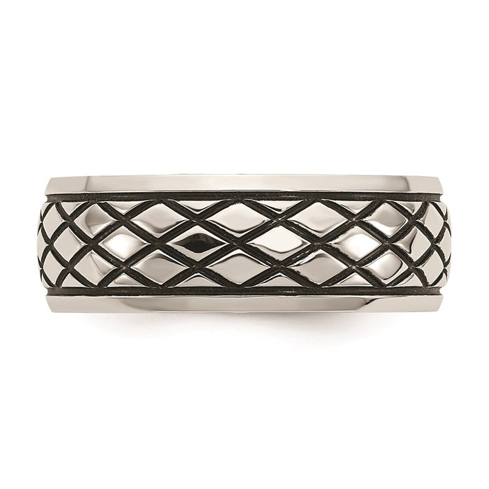Men's Fashion Jewelry, Chisel Brand Stainless Steel Polished and Antiqued Checkered Pattern 8mm Ring Band