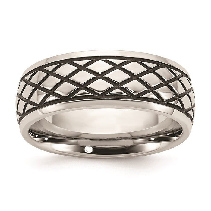 Men's Fashion Jewelry, Chisel Brand Stainless Steel Polished and Antiqued Checkered Pattern 8mm Ring Band