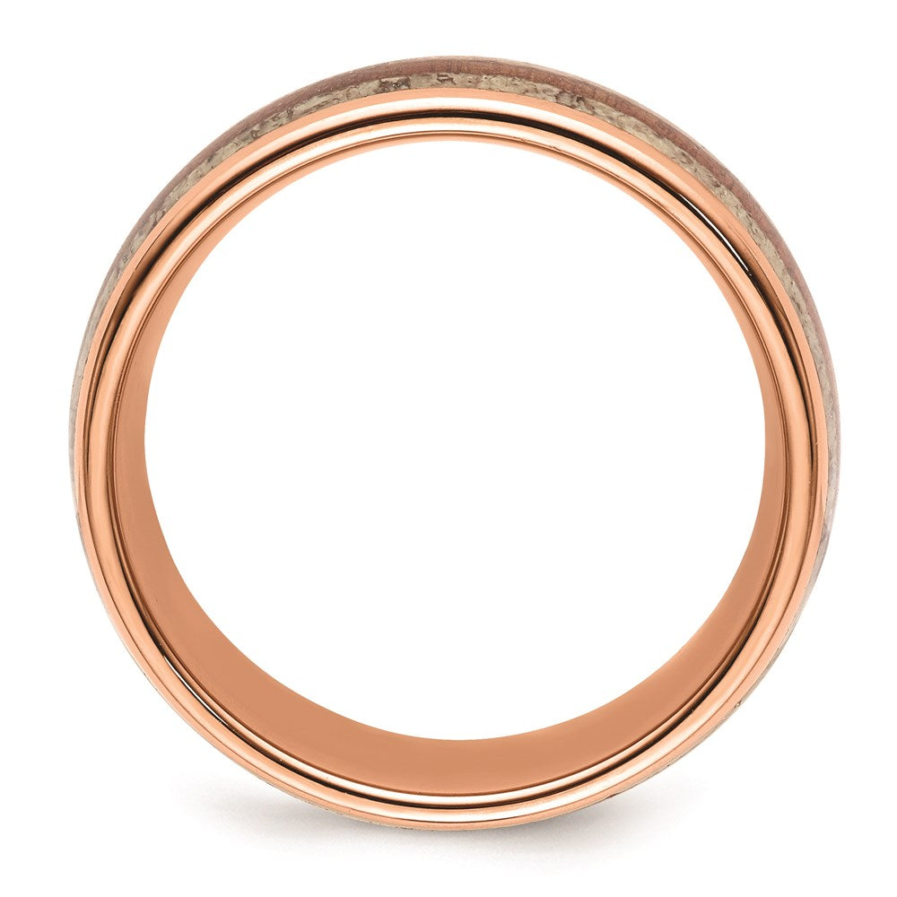 Men's Fashion Jewelry, Chisel Brand Stainless Steel Polished Rose IP w/Wood and Antler Inlay 8mm Ring Band