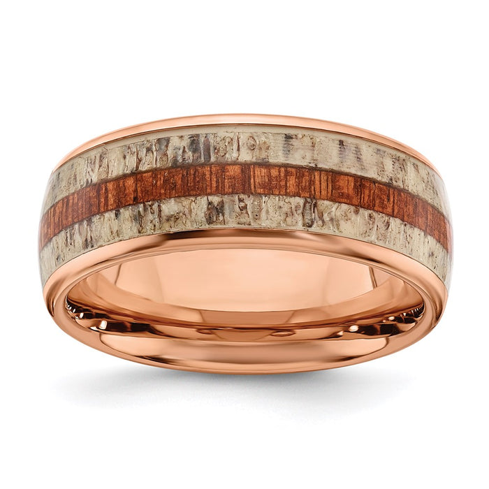 Men's Fashion Jewelry, Chisel Brand Stainless Steel Polished Rose IP w/Wood and Antler Inlay 8mm Ring Band