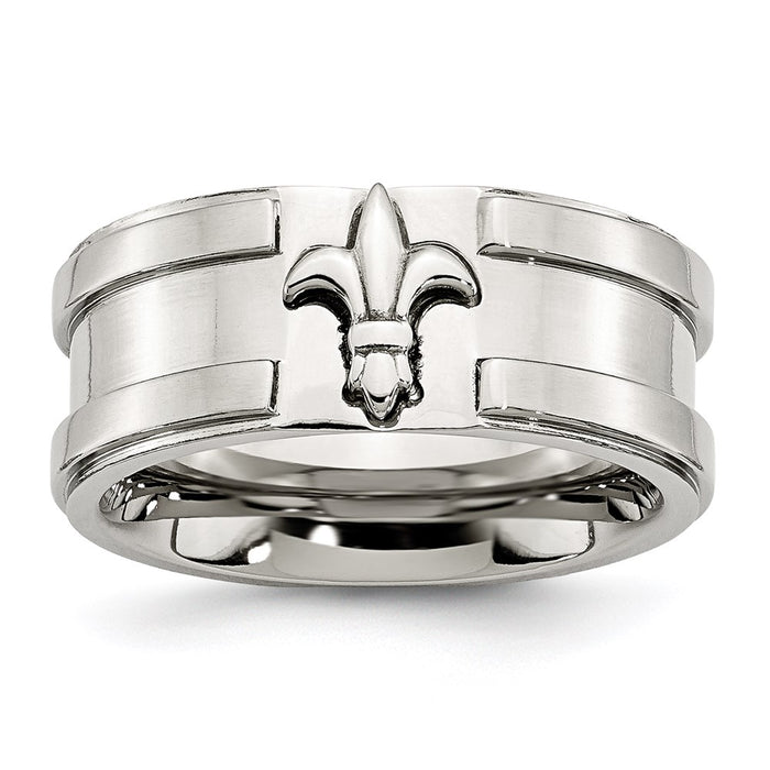 Men's Fashion Jewelry, Chisel Brand Stainless Steel Fleur de lis 10mm Brushed & Polished Ring Band