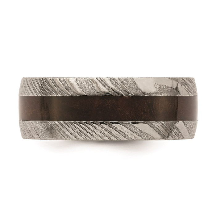 Men's Fashion Jewelry, Chisel Brand Damascus Steel Polished with Wood Inlay 8mm Ring Band