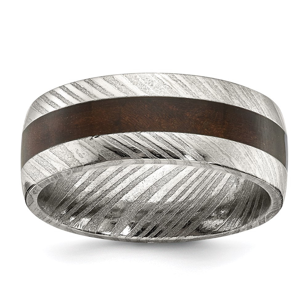 Men's Fashion Jewelry, Chisel Brand Damascus Steel Polished with Wood Inlay 8mm Ring Band