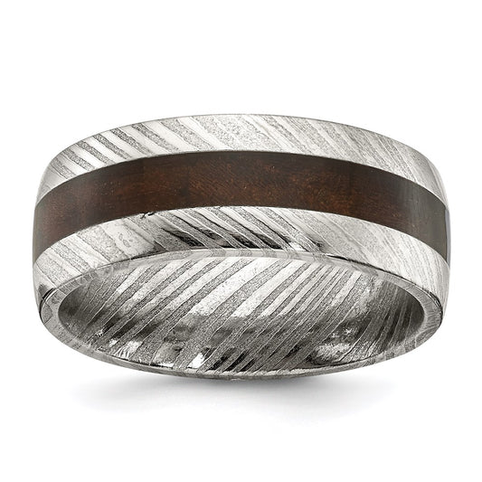 Men's Fashion Jewelry, Chisel Brand Damascus Steel Polished with Wood Inlay 8mm Ring Band