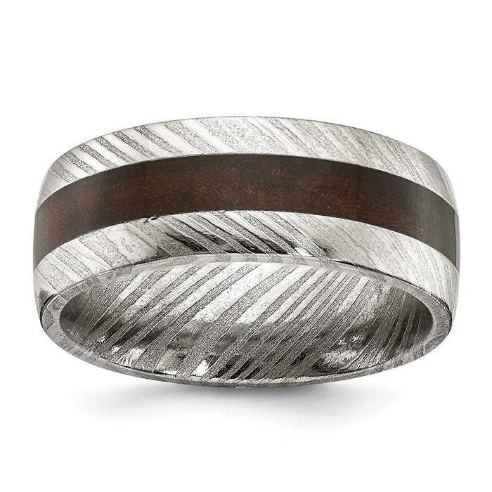 Men's Fashion Jewelry, Chisel Brand Damascus Steel Polished with Wood Inlay 8mm Ring Band