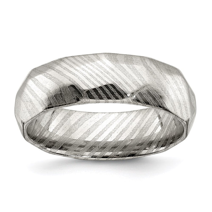 Men's Fashion Jewelry, Chisel Brand Damascus Steel Polished Faceted 7mm Ring Band