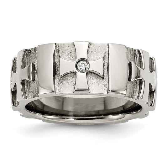 Men's Fashion Jewelry, Chisel Brand Stainless Steel Crosses w/Diamond 9.00mm Brushed & Polished Ring Band