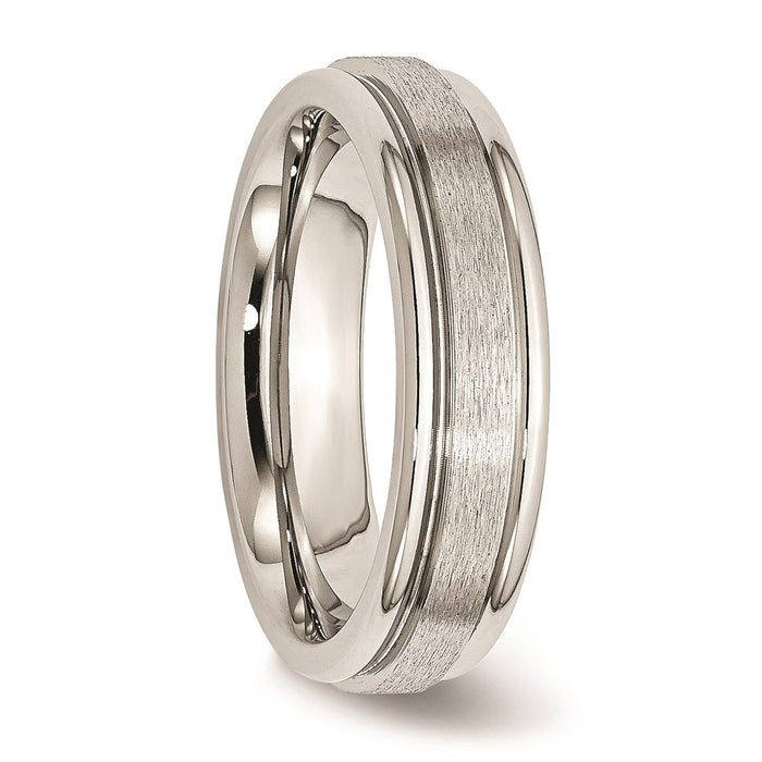 Unisex Fashion Jewelry, Chisel Brand Stainless Steel Grooved Edge 6mm Satin and Polished Ring Band