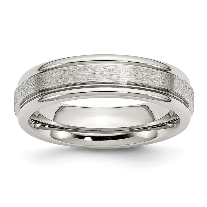 Unisex Fashion Jewelry, Chisel Brand Stainless Steel Grooved Edge 6mm Satin and Polished Ring Band